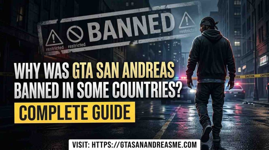 A cinematic GTA-style urban background with police lights and a "BANNED" warning sign for a blog post about restricted countries.