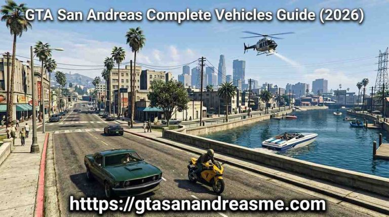 Realistic GTA San Andreas style scene with a classic car, sport bike, helicopter, and boats in a Las Santos inspired urban environment.