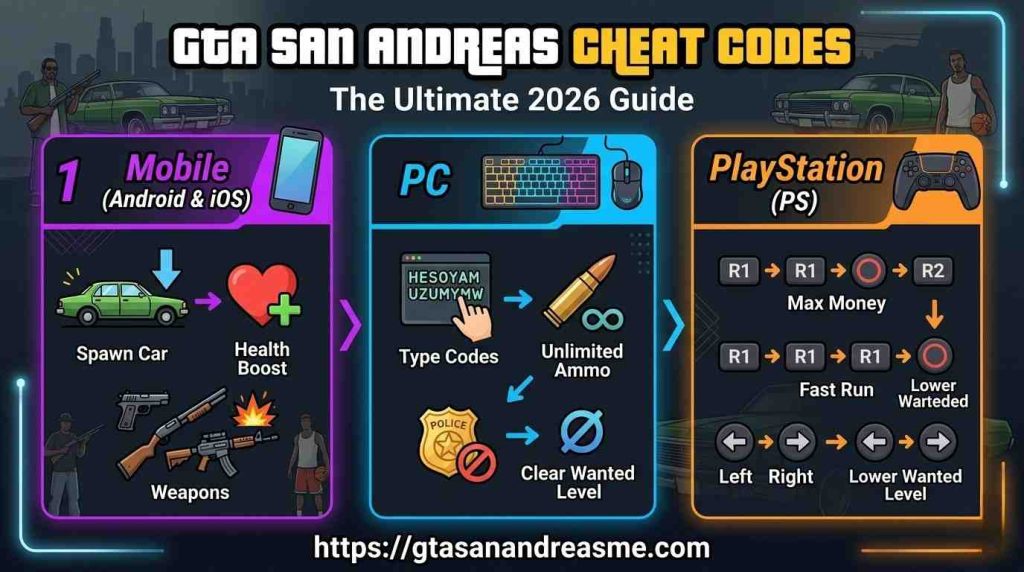 GTA San Andreas Cheat Codes: The Ultimate 2026 Guide for Mobile, PC & PlayStation 2 A comprehensive infographic displaying GTA San Andreas cheat codes across three main categories: Mobile (Android & iOS), PC, and PlayStation (PS). Each section features platform-specific icons like smartphones, keyboards, and controllers, along with descriptive text and arrows for example cheats. The layout uses a professional gaming theme with clear branding.