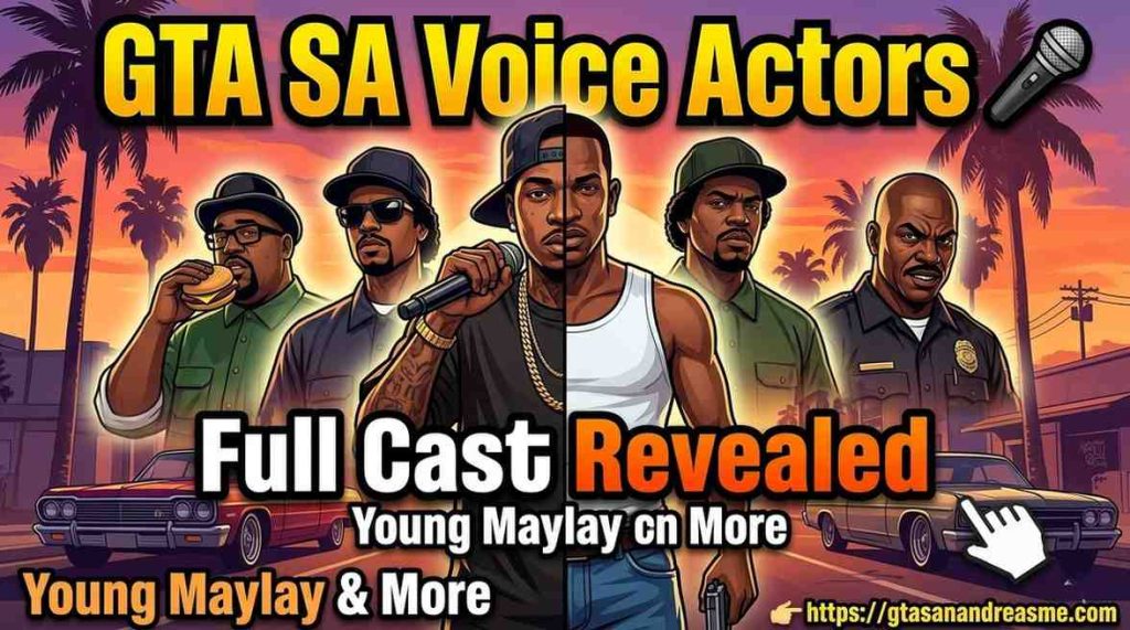 A split-screen illustration featuring Young Maylay and CJ from GTA San Andreas, surrounded by characters like Big Smoke, Ryder, and Officer Tenpenny against a Los Santos sunset.