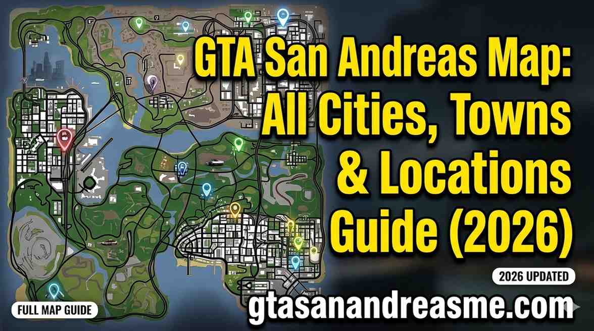 Full high-resolution map of GTA San Andreas featuring all cities, towns, and hidden locations (2026 Updated).