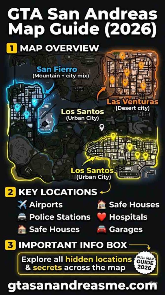 Infographic showing GTA San Andreas city sectors (Los Santos, San Fierro, Las Venturas) and key icons for airports, safe houses, and hospitals.