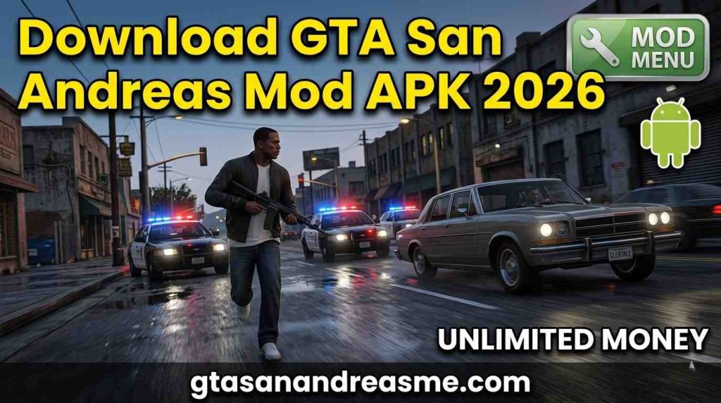 Home Page 1 GTA San Andreas Mod APK 2026 with Mod Menu and Unlimited Money for Android.